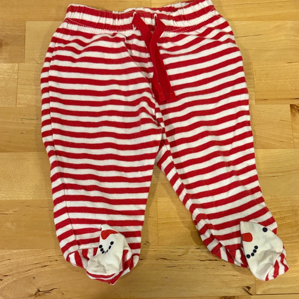 Red and White Striped Baby Pants with Snowman Feet
